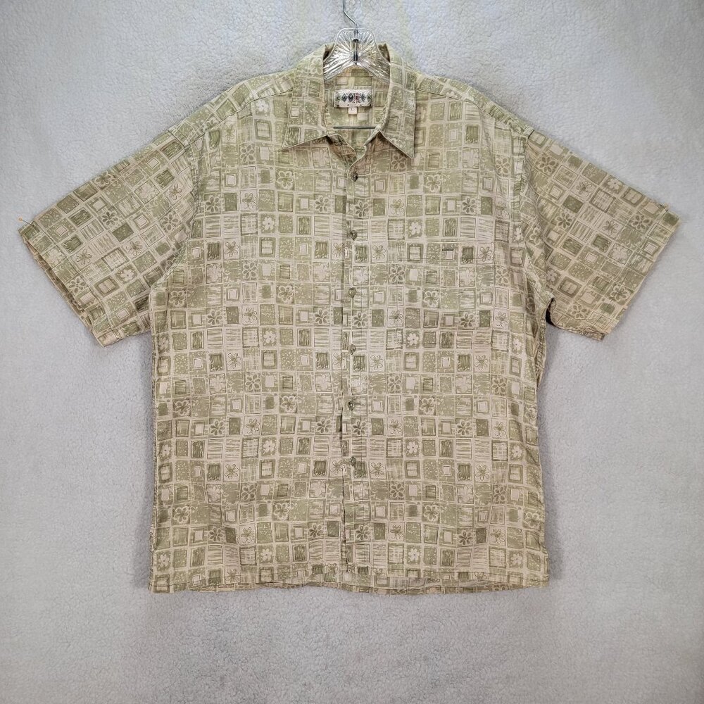 Vintage Campia Sage Cotton Watercolor Flower Check Pointed Collared Casual Shirt